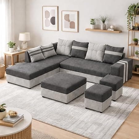 Stova Luxe Velvet-Suede Fabric 8 Seater LHS Sofa Set | with 2 Ottomans& Centre Table| Comfortable & Spacious Seating | Modern Sofa Set for Living Room – Light Grey & Dark Grey