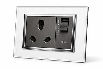 Electrical Socket with Switch, 3-Pin Power Outlet, C-16 Rating, Silver and Black Finish, Wall Mount