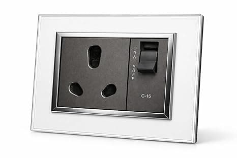 Electrical Socket with Switch, 3-Pin Power Outlet, C-16 Rating, Silver and Black Finish, Wall Mount