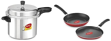 Pigeon by Stovekraft Deluxe Aluminium Outer Lid Pressure Cooker, 7.5 Litres, Silver & Pigeon Aluminium Nonstick Duo Pack Flat Tawa 250 and Fry Pan 200 Gift Set (Red)