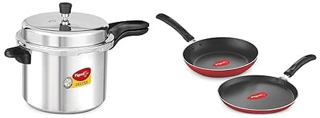 Pigeon by Stovekraft Deluxe Aluminium Outer Lid Pressure Cooker, 7.5 Litres, Silver & Pigeon Aluminium Nonstick Duo Pack Flat Tawa 250 and Fry Pan 200 Gift Set (Red)