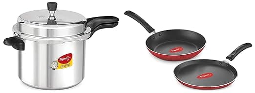 Pigeon by Stovekraft Deluxe Aluminium Outer Lid Pressure Cooker, 7.5 Litres, Silver & Pigeon Aluminium Nonstick Duo Pack Flat Tawa 250 and Fry Pan 200 Gift Set (Red)