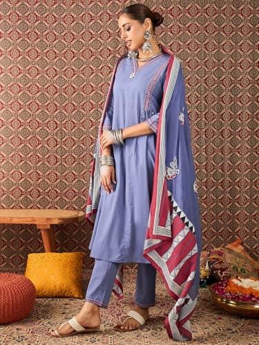 INDO ERA Women's Pure Cotton Embroidered A-Line Calf Length Kurta with Pant & Dupatta Set (Blue_IESTR10908_Small) 3