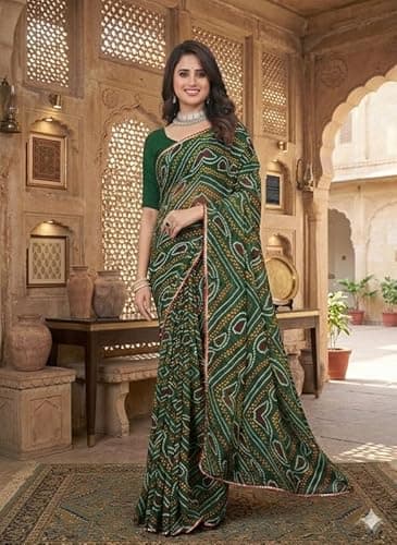 Georgette Saree with Beautiful Design Lightweight Ethnic Outfit for Women Festive Function Use Green 2
