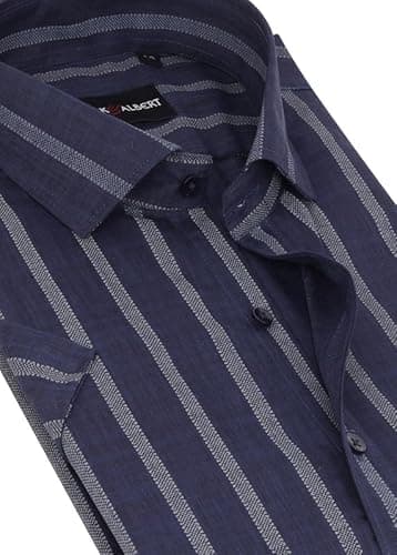 MARK & ALBERT Men's Half Sleeve Cotton Linen Striped Shirt Ink Blue 4