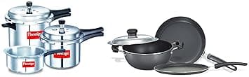Prestige Popular Max 5 + 3 + 2 Litre Outer Lid Pressure Cooker Combo Pack, 2 Lids, Silver, Large (11791) & Omega Select Plus Residue Free Non-Stick Kitchen Set, 3-Pieces, Black/Silver