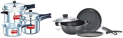 Prestige Popular Max 5 + 3 + 2 Litre Outer Lid Pressure Cooker Combo Pack, 2 Lids, Silver, Large (11791) & Omega Select Plus Residue Free Non-Stick Kitchen Set, 3-Pieces, Black/Silver