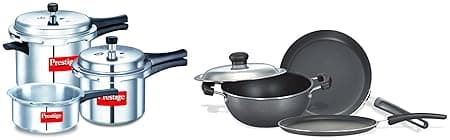 Prestige Popular Max 5 + 3 + 2 Litre Outer Lid Pressure Cooker Combo Pack, 2 Lids, Silver, Large (11791) & Omega Select Plus Residue Free Non-Stick Kitchen Set, 3-Pieces, Black/Silver