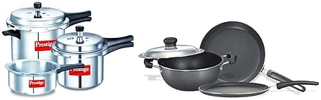 Prestige Popular Max 5 + 3 + 2 Litre Outer Lid Pressure Cooker Combo Pack, 2 Lids, Silver, Large (11791) & Omega Select Plus Residue Free Non-Stick Kitchen Set, 3-Pieces, Black/Silver