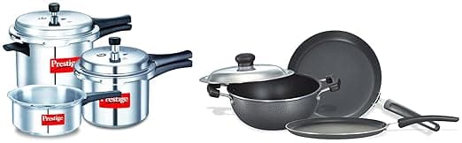 Prestige Popular Max 5 + 3 + 2 Litre Outer Lid Pressure Cooker Combo Pack, 2 Lids, Silver, Large (11791) & Omega Select Plus Residue Free Non-Stick Kitchen Set, 3-Pieces, Black/Silver