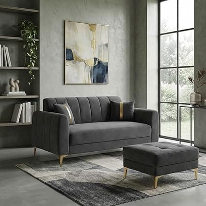 Hermione Luxe Velvet-Suede Fabric 2 Seater Sofa Set with Ottoman | Golden Legs | Comfortable Seating | Modern Sofa for Living Room – Dark Gray