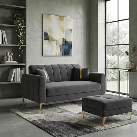 Hermione Luxe Velvet-Suede Fabric 2 Seater Sofa Set with Ottoman | Golden Legs | Comfortable Seating | Modern Sofa for Living Room – Dark Gray