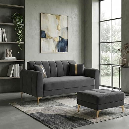 Hermione Luxe Velvet-Suede Fabric 2 Seater Sofa Set with Ottoman | Golden Legs | Comfortable Seating | Modern Sofa for Living Room – Dark Gray