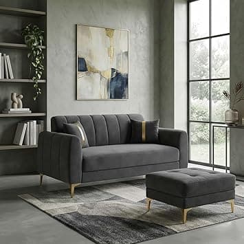 Hermione Luxe Velvet-Suede Fabric 2 Seater Sofa Set with Ottoman | Golden Legs | Comfortable Seating | Modern Sofa for Living Room – Dark Gray