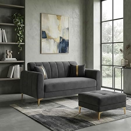 Hermione Luxe Velvet-Suede Fabric 2 Seater Sofa Set with Ottoman | Golden Legs | Comfortable Seating | Modern Sofa for Living Room – Dark Gray