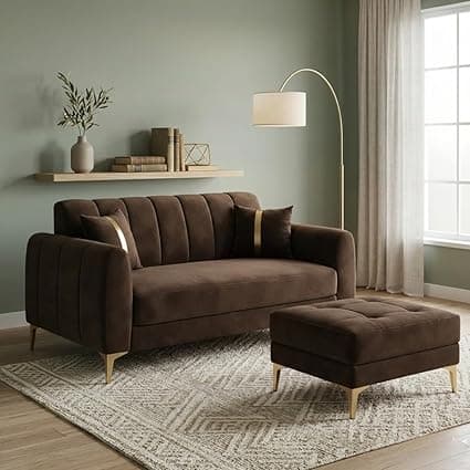 Hermione Luxe Velvet-Suede Fabric 2 Seater Sofa Set with Ottoman | Golden Legs | Comfortable Seating | Modern Sofa for Living Room – Dark Brown