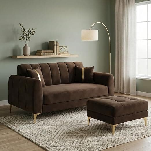 Hermione Luxe Velvet-Suede Fabric 2 Seater Sofa Set with Ottoman | Golden Legs | Comfortable Seating | Modern Sofa for Living Room – Dark Brown