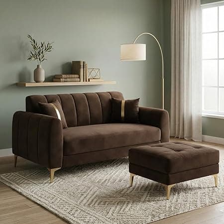 Hermione Luxe Velvet-Suede Fabric 2 Seater Sofa Set with Ottoman | Golden Legs | Comfortable Seating | Modern Sofa for Living Room – Dark Brown