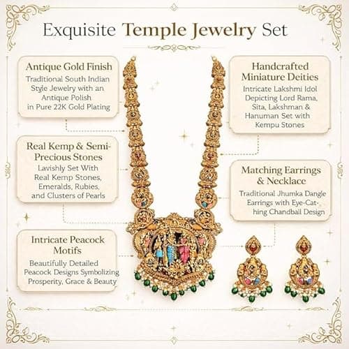 Visaga Aura Premium Sita Ramam Temple Jewellery Long Haram Set for Women | Antique Gold Plated Bridal Necklace with Rama Sita Lakshmi Motifs & Pearl Danglers | Traditional South Indian Wedding Jewelle 6