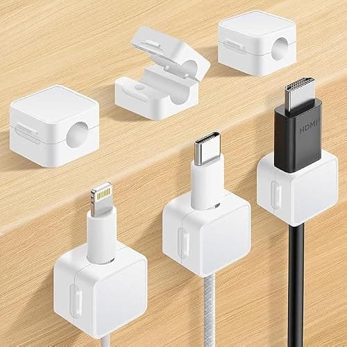 T for TALLIN 6 Pack Stainless Steel Cord Organizer Holder, 12U Notch Trowel, Cord Organizer Holder, 6 Pack Magnetic Desk Cable Clips Management, Hide Phone Charging Cable Keeper, (Pack of 6) White