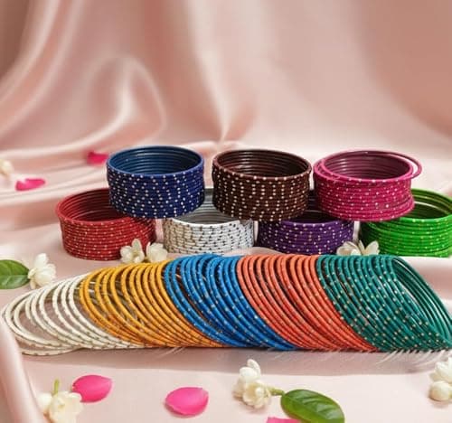 NMII Multicolour Metal Alloy with Golden Design Pattern Bangle Set for Women(Multicolor,2.12(Big Size)) 5