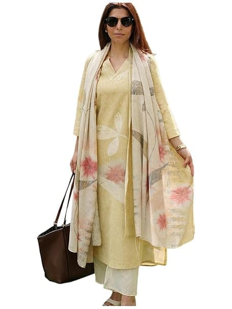 ANNI Designer Women Cotton Blend Straight Fit Printed Kurta Pant Dupatta Set | V Neck Three Quarter Sleeve Ensemble | Soft Breathable Fabric | Comfortable Elegant Styling for Office Casual Wear