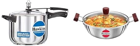 Hawkins 5 Litre Pressure Cooker, Stainless Steel Cooker, Induction Cooker - Inner Lid & Tri-Ply Stainless Steel Induction Compatible Deep Kadhai (Deep-Fry Pan) With Glass Lid, 4 Litre, 5 Liter