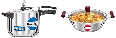 Hawkins 5 Litre Pressure Cooker, Stainless Steel Cooker, Induction Cooker - Inner Lid & Tri-Ply Stainless Steel Induction Compatible Deep Kadhai (Deep-Fry Pan) With Glass Lid, 4 Litre, 5 Liter