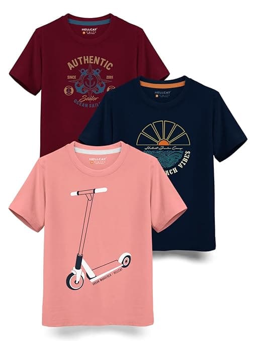 HELLCAT Boys Round Neck Printed Blended Cotton Tshirt -Combo Pack of 2 - Orange/Blue