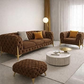 Modern Classic L Shape Sectional Sofa Set, Chesterfield Style 4 Seater Sofa Set with Pillows for Living Room, Bedroom and Office and Hallway Colour (3+1+OTTO Brown FC)