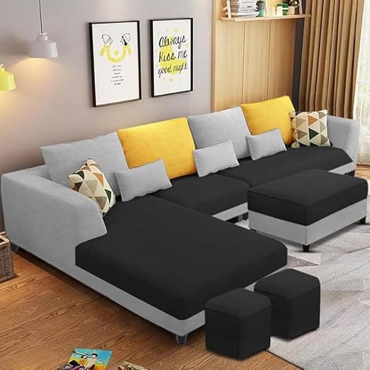 Casaliving Minta LHS 8 Seater L Shape Sofa Set with Center Table for Living Room (Black Grey Fabric) Premium Fabric Sofa