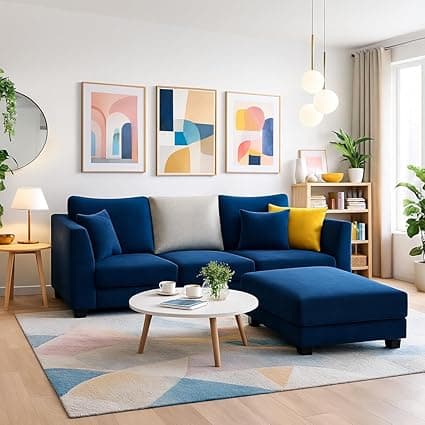 SOCOZI Trevano 3 Seater Modular L Shape Sofa Set with Ottoman | Soft Velvet Suede Fabric | Modern Design | Plush Comfort Cushions for Living Room (Dark Blue-Light Grey)