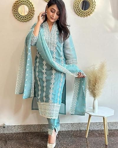 CLOSTYLE Women's Vichitra Silk Embroidery Salwar Suit Set Kurta Pant with Dupatta Sky Blue Kurta Set for Women (IN, Alpha, L, Regular, Womens, Sky Blue) 2