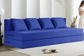 Rosebell Lightweight Easy 4-Person Sofa Cum Bed Jute Fabric- Washable Cover- Including Cushion - Size 6' X 6' Ft | Color - Blue | Perfect for Home & Office
