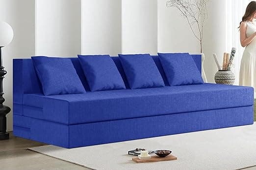 Rosebell Lightweight Easy 4-Person Sofa Cum Bed Jute Fabric- Washable Cover- Including Cushion - Size 6' X 6' Ft | Color - Blue | Perfect for Home & Office
