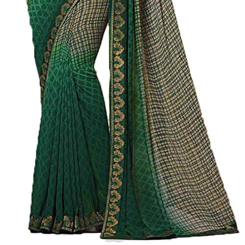 RAJESHWAR FASHION WITH RF Women's Checkered Printed Georgette Sarees For Women With Jacquard Lace Border & Blouse_Dark Green 2