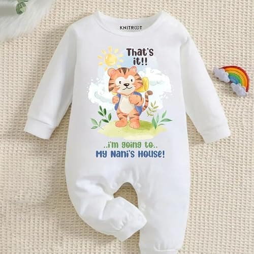 KNITROOT Nani Theme, I Am Going Nani's House Text Printed, Full Sleeves, Shoulder-Snap-Buttons, Cotton Jumpsuit, Rompers for New Born Baby, 0-3 Months, White, Infant Clothes 2