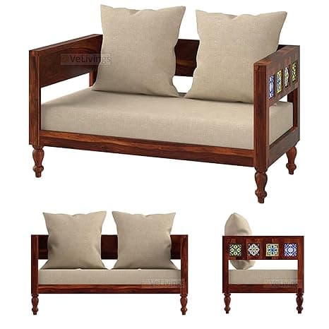 VeLivings Solid Sheesham Wood 2 Seater Sofa for Living Room Home and Office | Wooden Sofa Set Two Seater with Antique Ceramic Tiles Design (Beige Color Fabric Cushion, Honey Brown Finish)