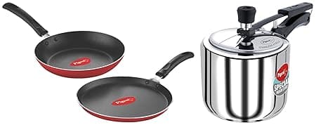 Pigeon by Stovekraft 3 Litre Special Stainless Steel Inner Lid Induction Base Pressure Cooker (Silver) BIS Certified & Pigeon Aluminium Nonstick Duo Pack Flat Tawa 250 and Fry Pan 200 Gift Set (Red)