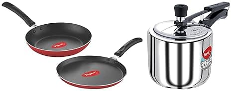 Pigeon by Stovekraft 3 Litre Special Stainless Steel Inner Lid Induction Base Pressure Cooker (Silver) BIS Certified & Pigeon Aluminium Nonstick Duo Pack Flat Tawa 250 and Fry Pan 200 Gift Set (Red)