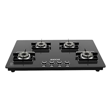 KOCHE Ivan Hobtop 4 Burner gas stove | Multi-Pin Flame Designer Brass Burners, Auto Ignition, Premium Toughened Glass, High Thermal Efficiency, Ergonomic Control metal Knobs | 7-Year Warranty