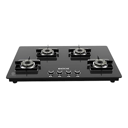 KOCHE Ivan Hobtop 4 Burner gas stove | Multi-Pin Flame Designer Brass Burners, Auto Ignition, Premium Toughened Glass, High Thermal Efficiency, Ergonomic Control metal Knobs | 7-Year Warranty