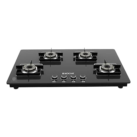 KOCHE Ivan Hobtop 4 Burner gas stove | Multi-Pin Flame Designer Brass Burners, Auto Ignition, Premium Toughened Glass, High Thermal Efficiency, Ergonomic Control metal Knobs | 7-Year Warranty