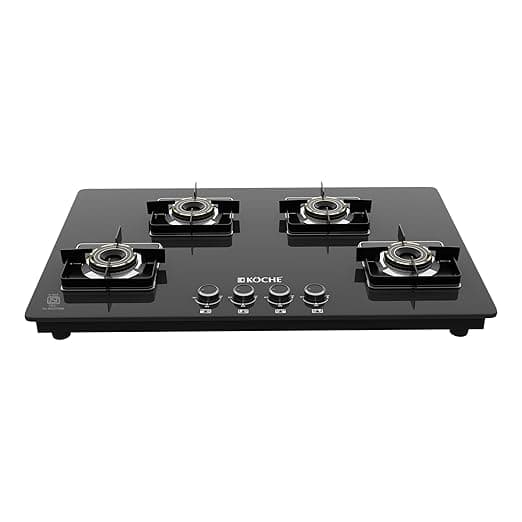 KOCHE Ivan Hobtop 4 Burner gas stove | Multi-Pin Flame Designer Brass Burners, Auto Ignition, Premium Toughened Glass, High Thermal Efficiency, Ergonomic Control metal Knobs | 7-Year Warranty