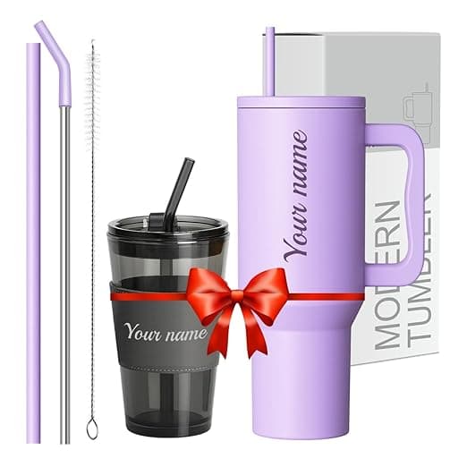 Stainless Steel Insulated Tumbler with Lid & Straw, 100% Leakproof Double Wall Tumblers with Handle, Hot & Cold Drink Sipper for Office,Gym & Outdoors 1200ml Tumbler (Purple + Black Mugs)