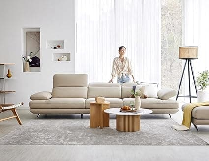 Fabrique Lagoon - Leatherette Moden Design 4 Seater Sofa Set with Puffy | for Home Guests Office & Living Room | Luxuries Premium Stainless Steel Legs | with Moveable Headrest and Armrest | Cream