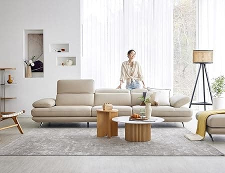 Fabrique Lagoon - Leatherette Moden Design 4 Seater Sofa Set with Puffy | for Home Guests Office & Living Room | Luxuries Premium Stainless Steel Legs | with Moveable Headrest and Armrest | Cream