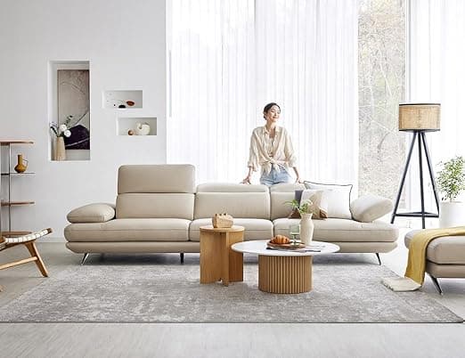 Fabrique Lagoon - Leatherette Moden Design 4 Seater Sofa Set with Puffy | for Home Guests Office & Living Room | Luxuries Premium Stainless Steel Legs | with Moveable Headrest and Armrest | Cream