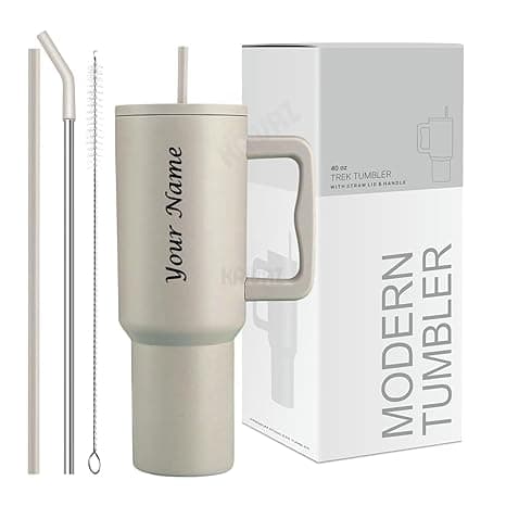 Stainless Steel Insulated Tumbler with Lid & Straw, 100% Leakproof Double Wall Tumblers with Handle, Hot & Cold Drink Sipper for Office,Gym & Outdoors 1200ml Tumbler (Cream Personalized)