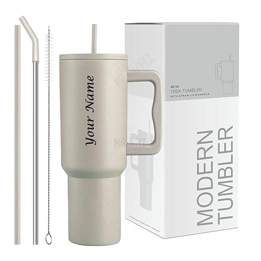 Stainless Steel Insulated Tumbler with Lid & Straw, 100% Leakproof Double Wall Tumblers with Handle, Hot & Cold Drink Sipper for Office,Gym & Outdoors 1200ml Tumbler (Cream Personalized)